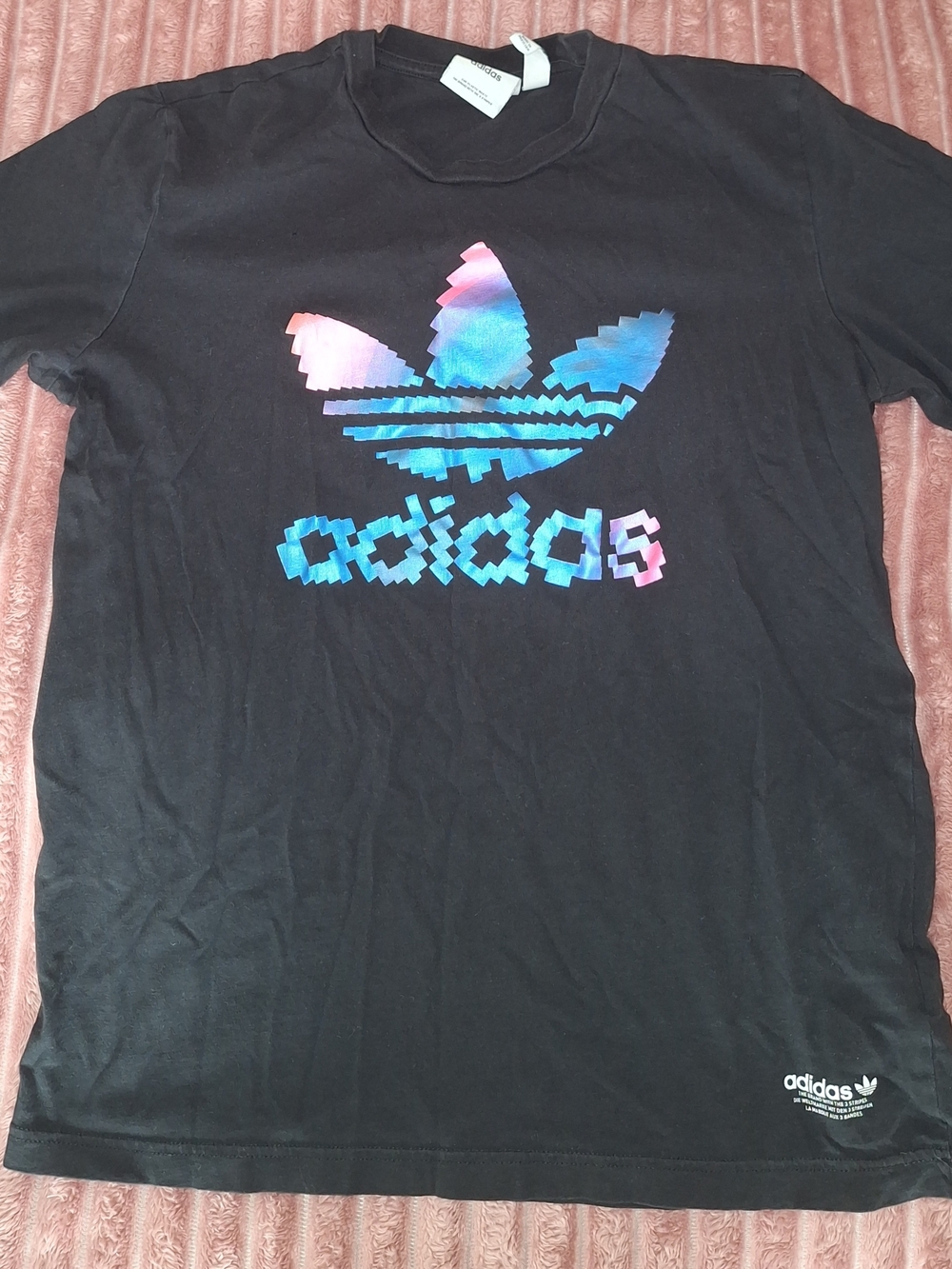 Adidas Black Tee with Iridescent Pixel Trefoil